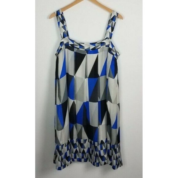 Theory Sz. 12 100% Silk Blue/Grey/White/Black Geometric Pleated Tank Dress - Picture 1 of 8